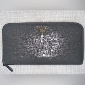 Prada Gray and Bright Blue Leather Zip Wallet